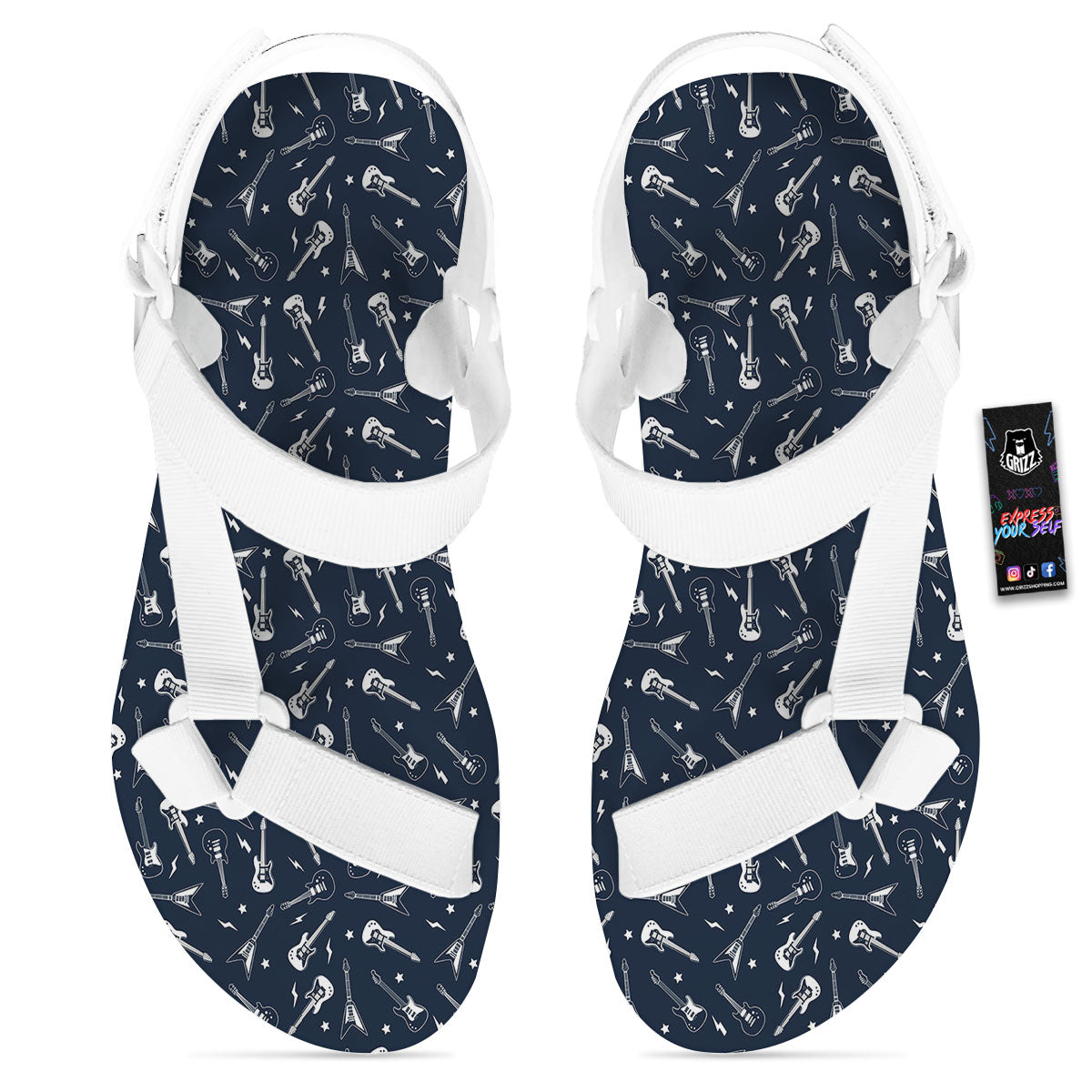 Electric Guitar Print Pattern White Open Toe Sandals-grizzshop
