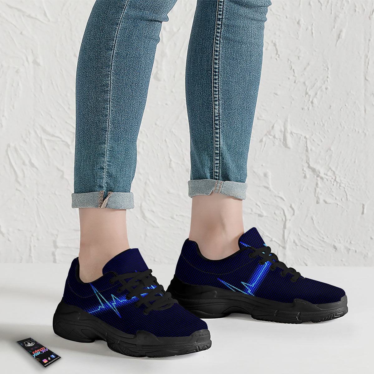 Electrocardiogram Heartbeat Print Black Chunky Shoes-grizzshop
