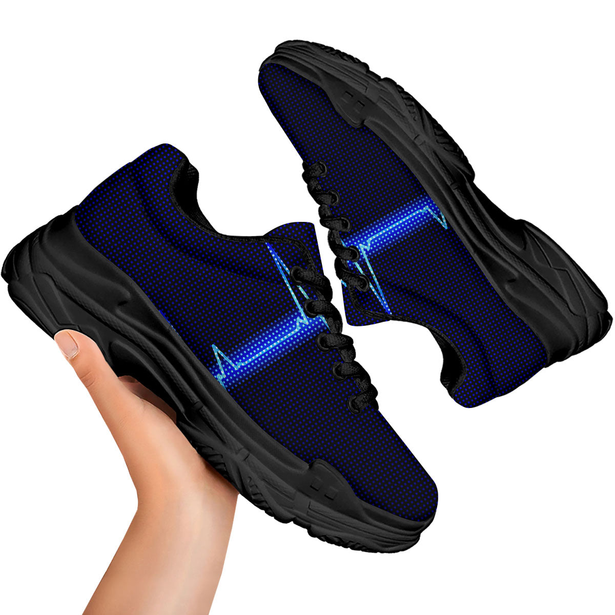 Electrocardiogram Heartbeat Print Black Chunky Shoes-grizzshop