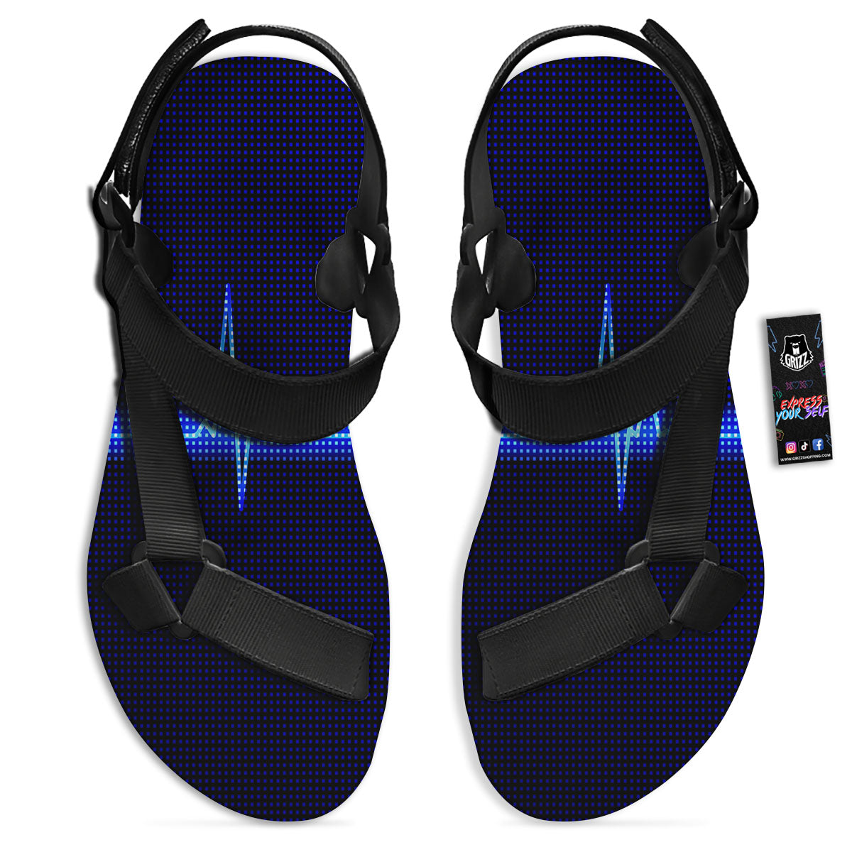 Electrocardiogram Heartbeat Print Black Open Toe Sandals-grizzshop
