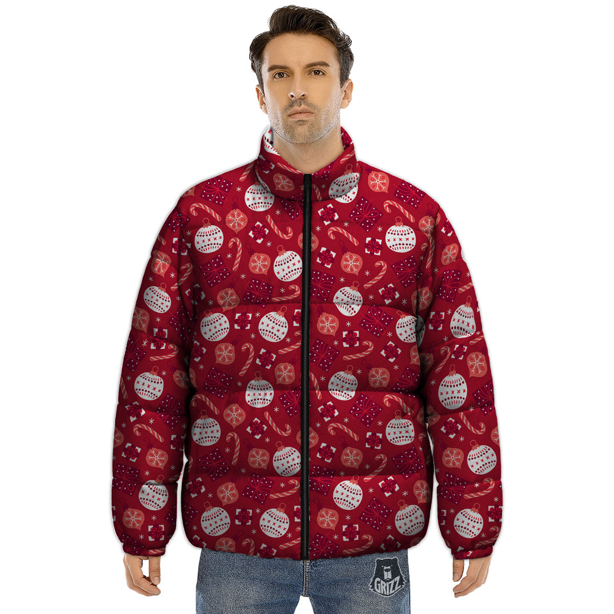 Elements Merry Christmas Print Pattern Puffer Jacket-grizzshop