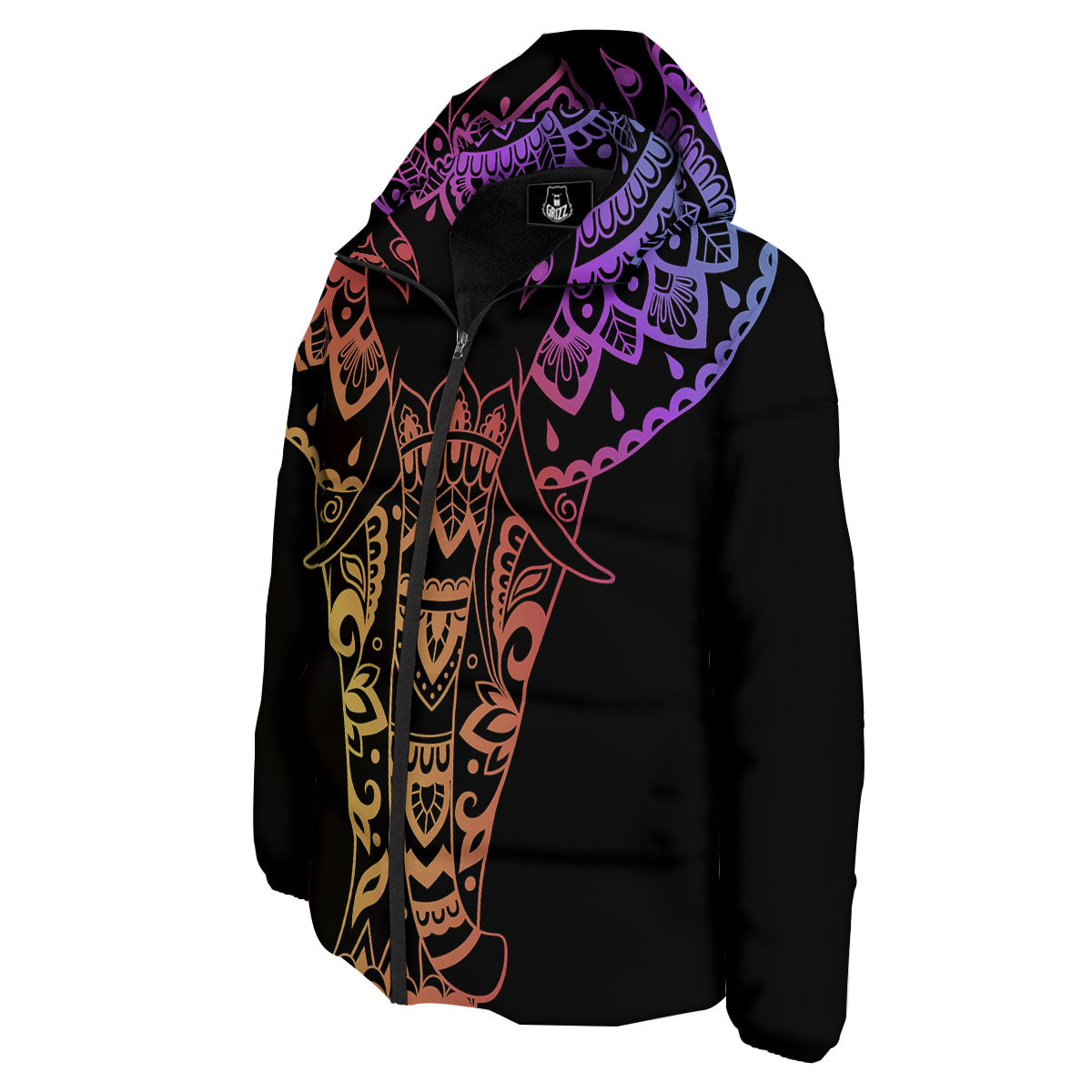 Elephant Black Rainbow Indian Print Down Jacket-grizzshop