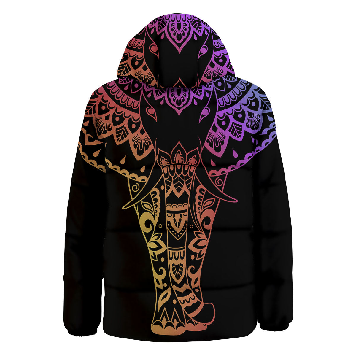 Elephant Black Rainbow Indian Print Down Jacket-grizzshop