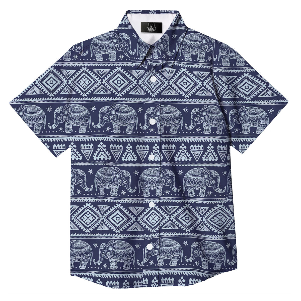 Elephant Indian Blue Print Pattern Button Up Shirt-grizzshop