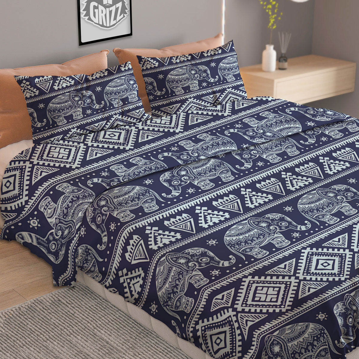 Elephant Indian Blue Print Pattern Duvet Cover Bedding Set