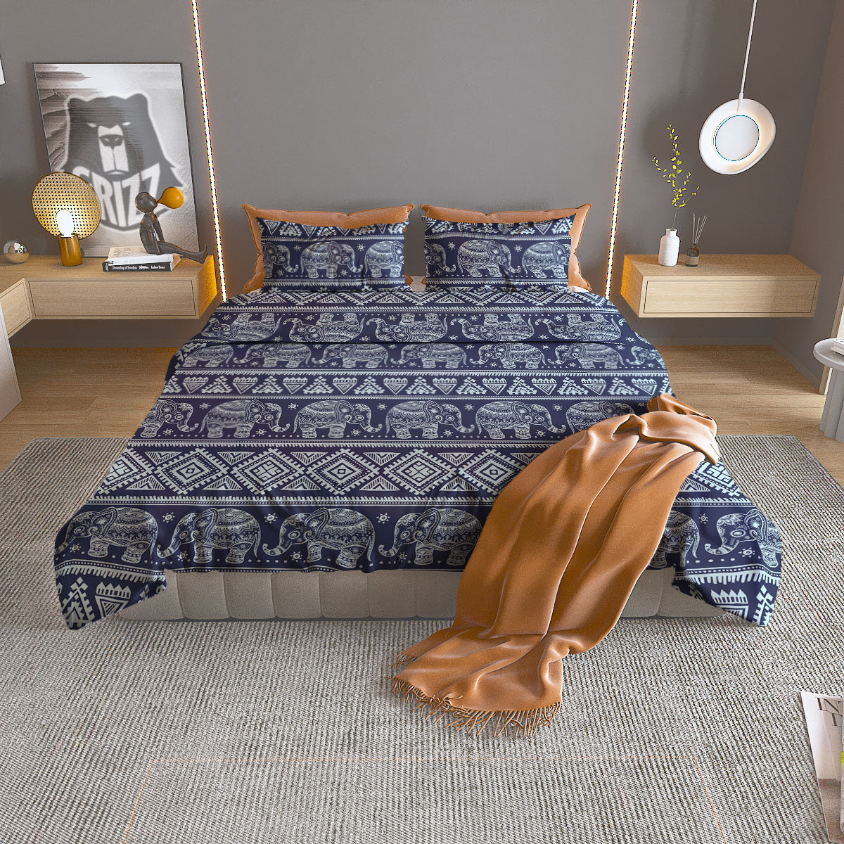 Elephant Indian Blue Print Pattern Duvet Cover Bedding Set