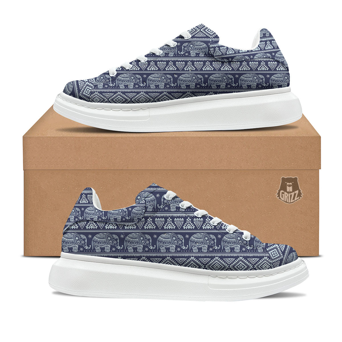 Elephant Indian Blue Print Pattern Platform Shoes-grizzshop