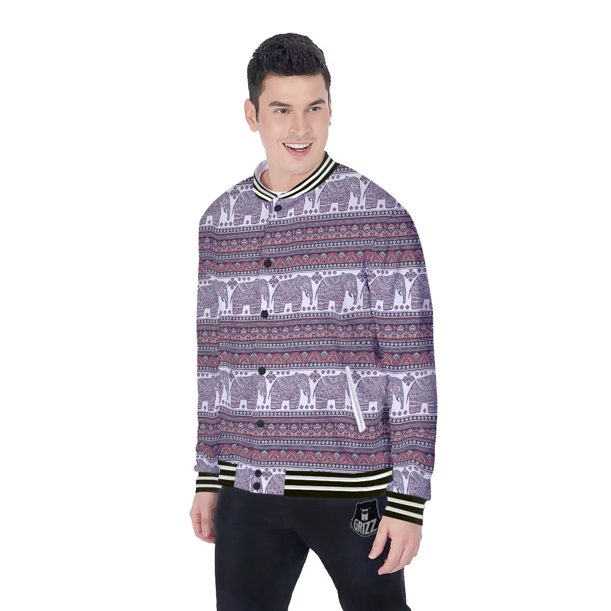 Elephant Indian Bohemian Print Pattern Baseball Jacket-grizzshop