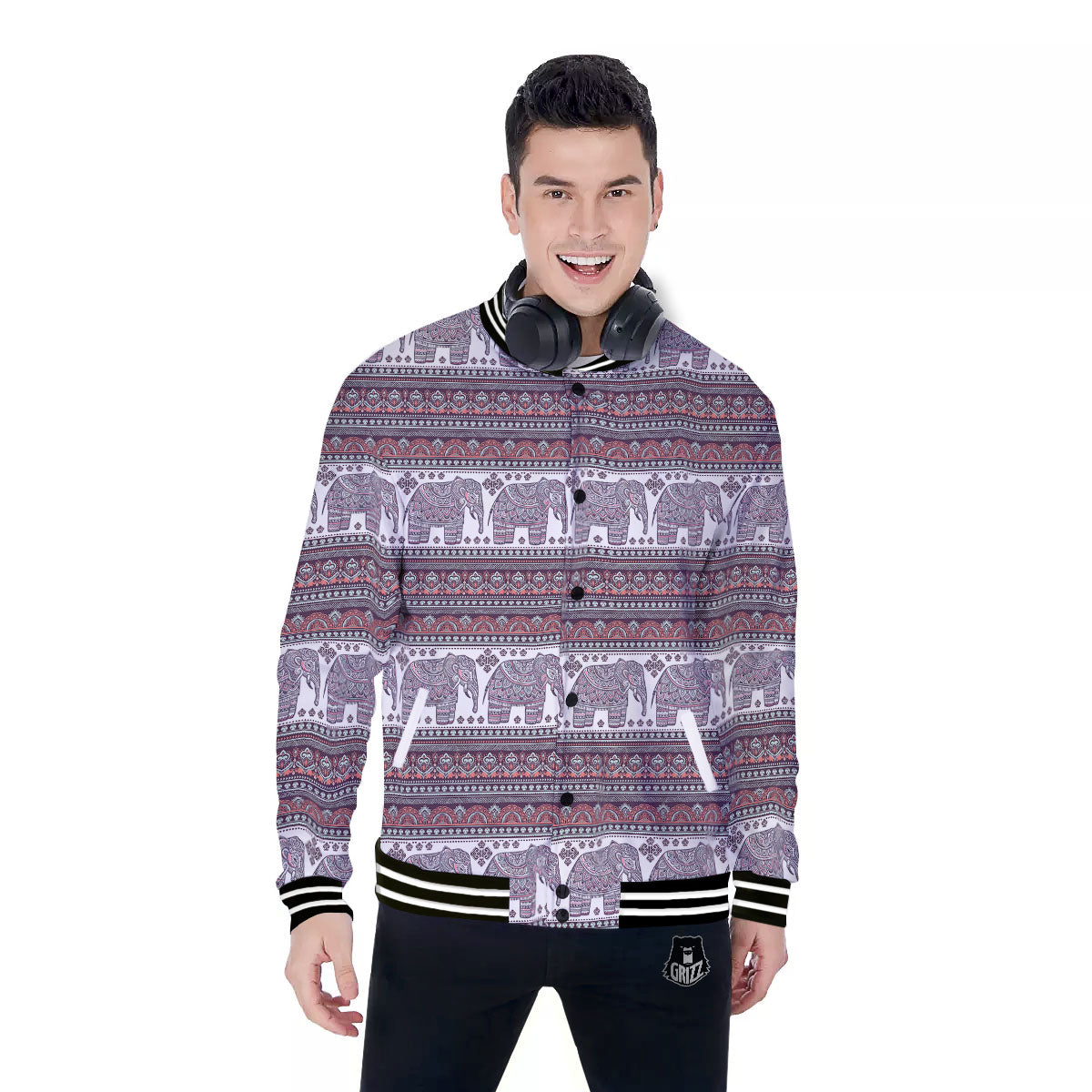 Elephant Indian Bohemian Print Pattern Baseball Jacket-grizzshop
