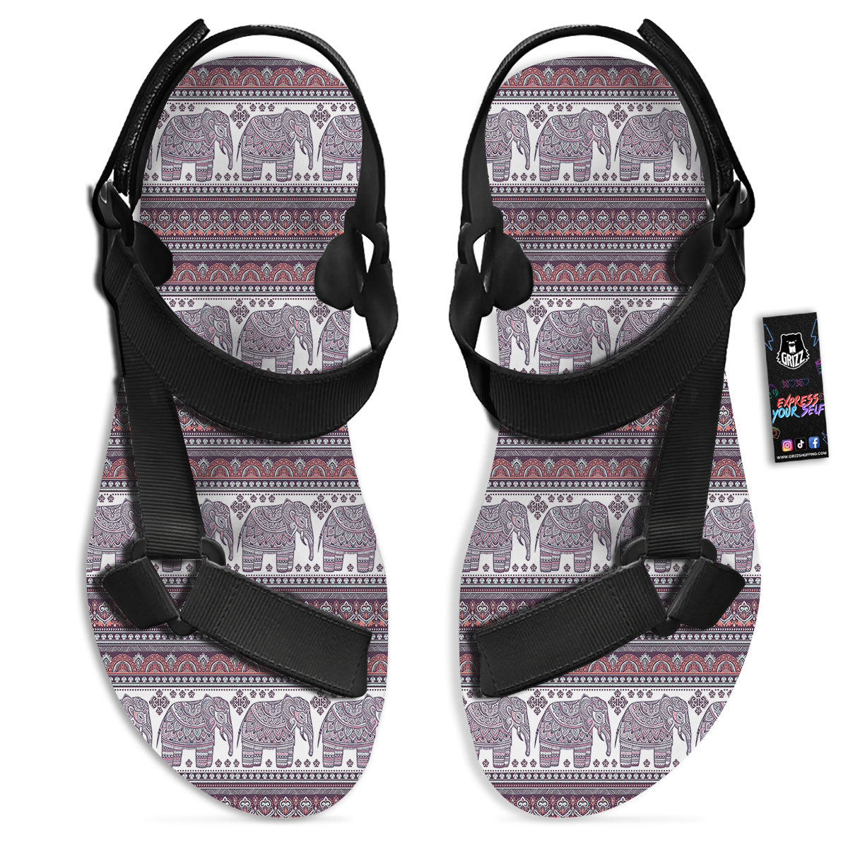 Elephant Indian Bohemian Print Pattern Black Open Toe Sandals-grizzshop