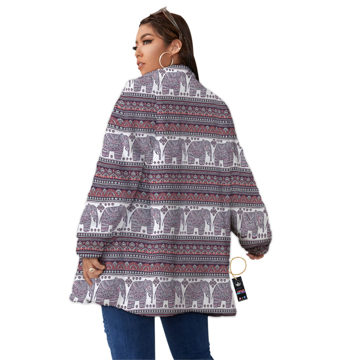 Elephant Indian Bohemian Print Pattern Women's Sherpa Jacket-grizzshop