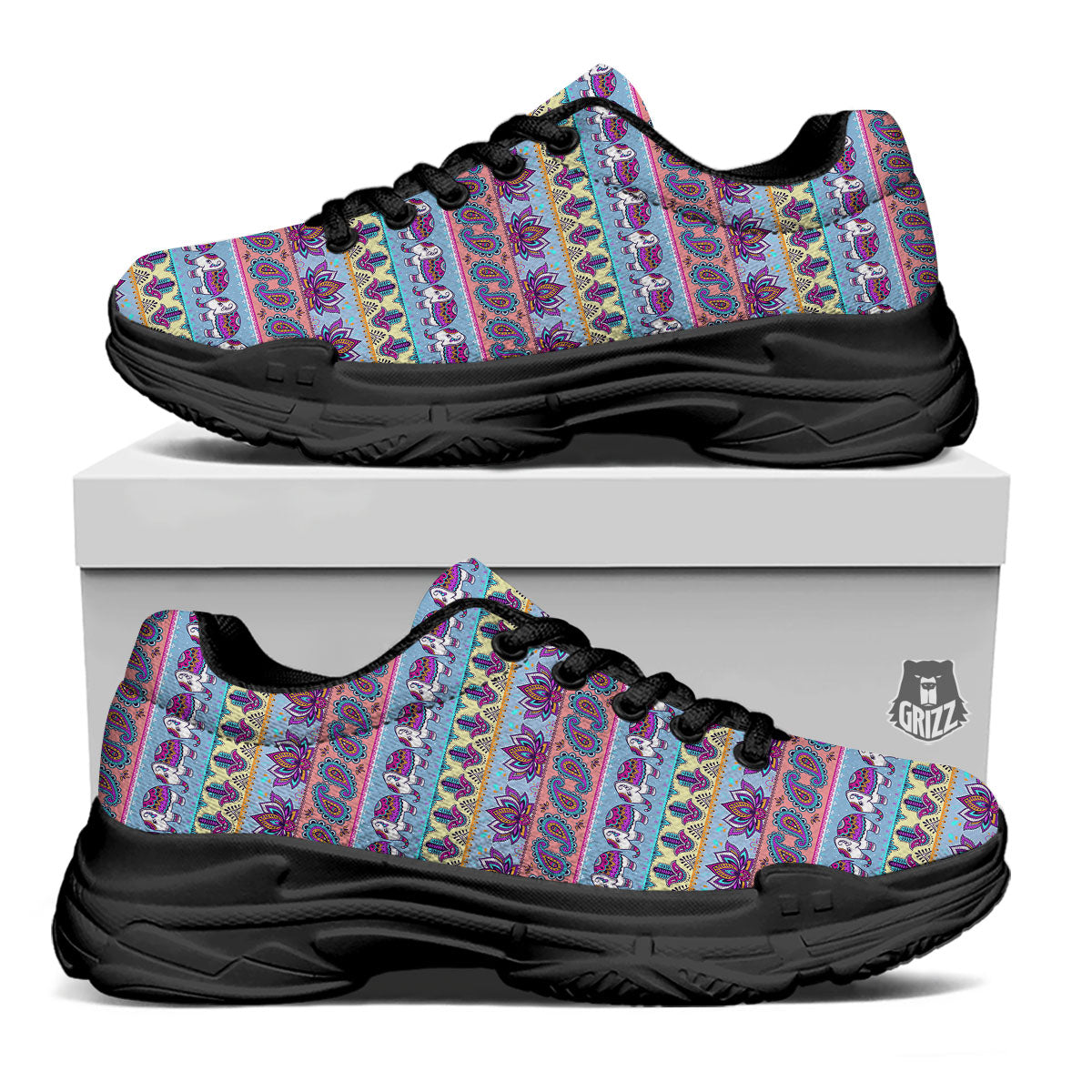 Elephant Indian Colorful Print Pattern Black Chunky Shoes-grizzshop