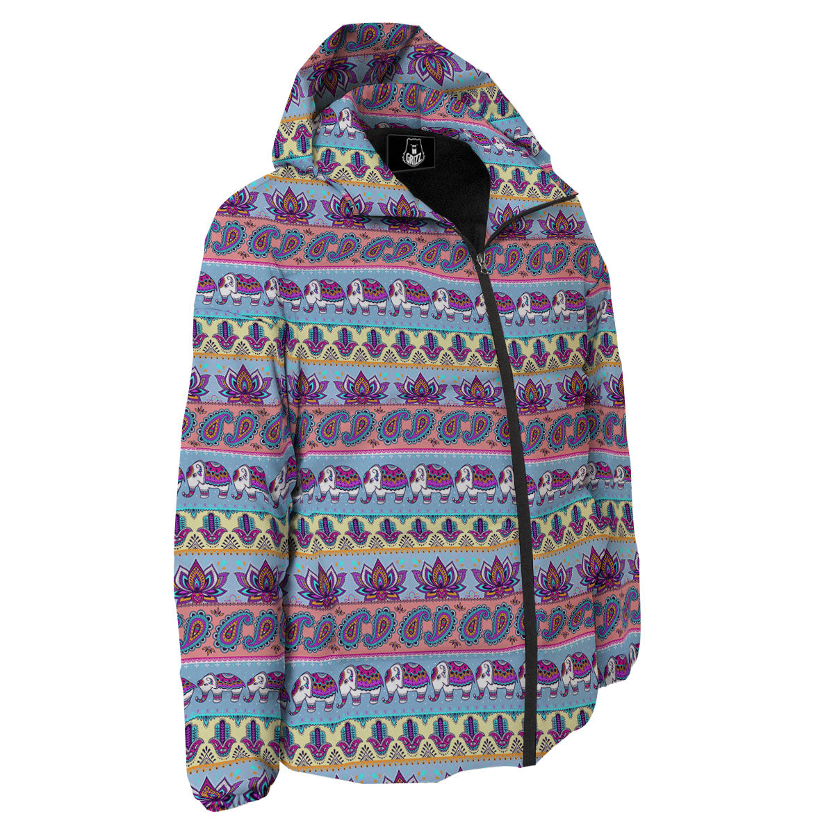 Elephant Indian Colorful Print Pattern Down Jacket-grizzshop