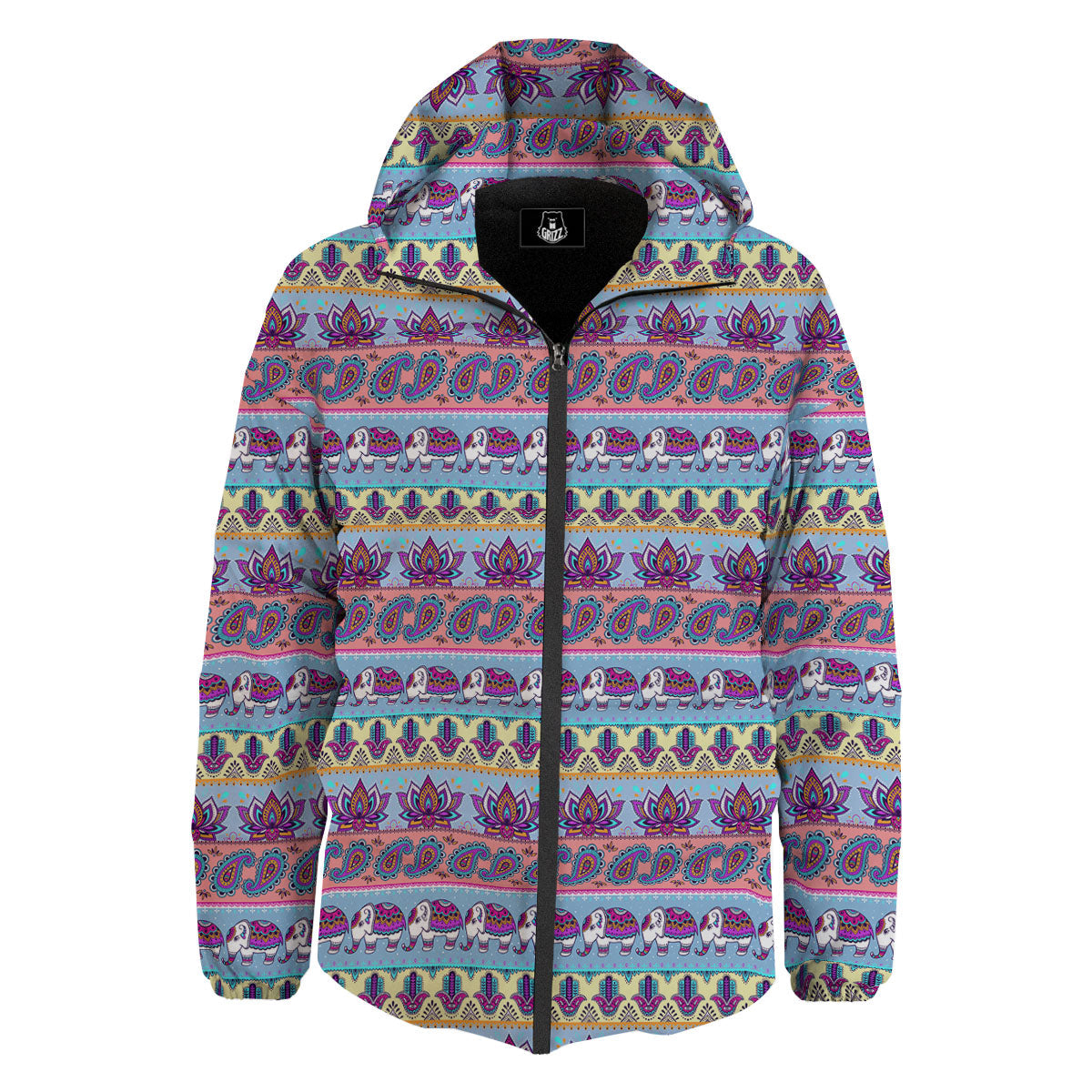 Elephant Indian Colorful Print Pattern Down Jacket-grizzshop