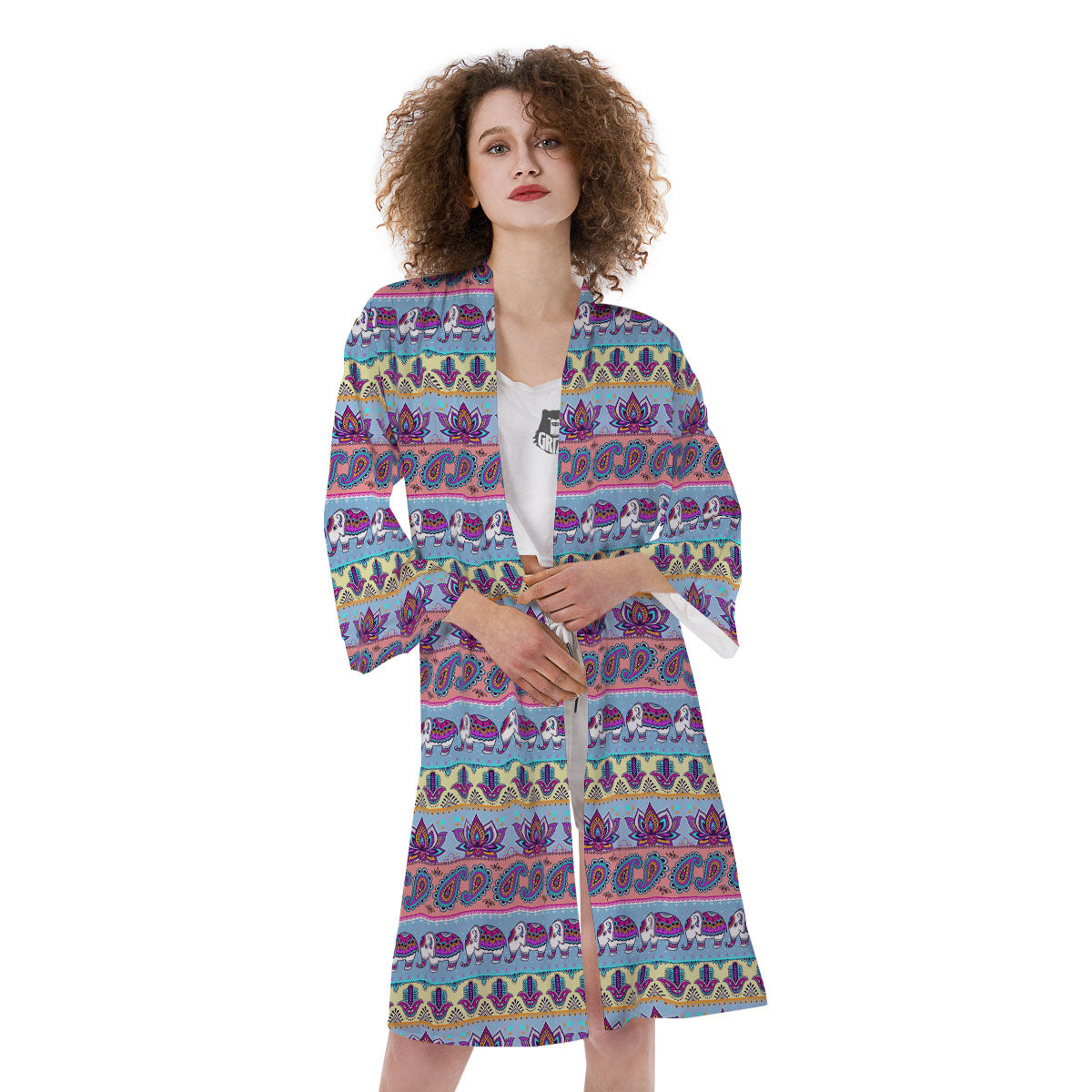 Elephant Indian Colorful Print Pattern Kimono-grizzshop