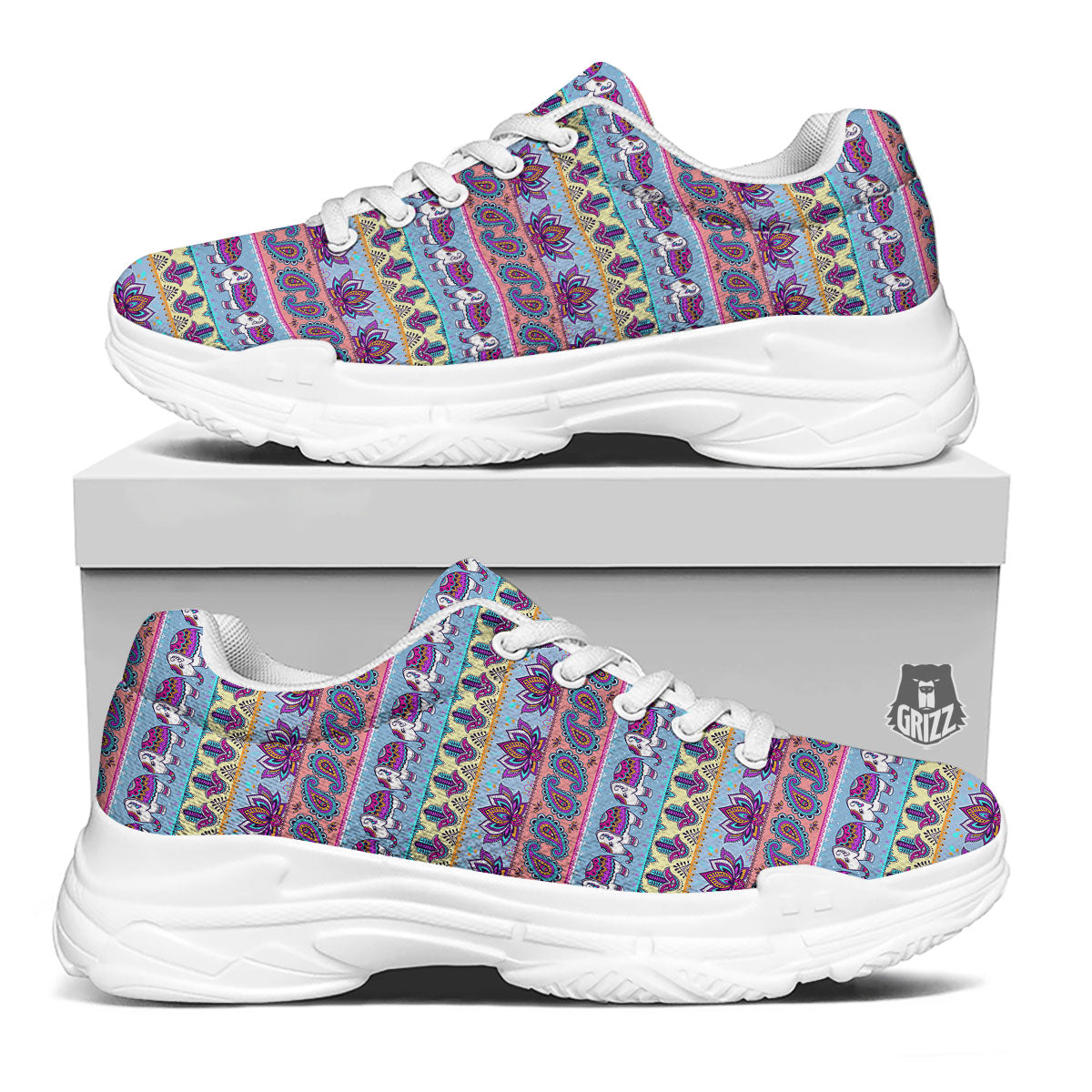 Elephant Indian Colorful Print Pattern White Chunky Shoes-grizzshop