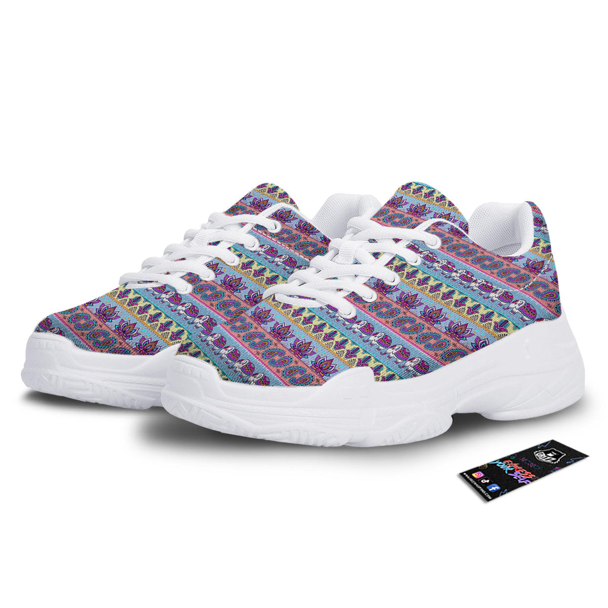 Elephant Indian Colorful Print Pattern White Chunky Shoes-grizzshop