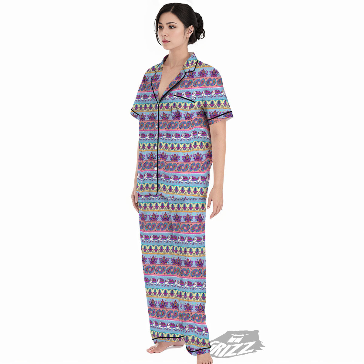 Elephant Indian Colorful Print Pattern Women's Pajamas Set-grizzshop