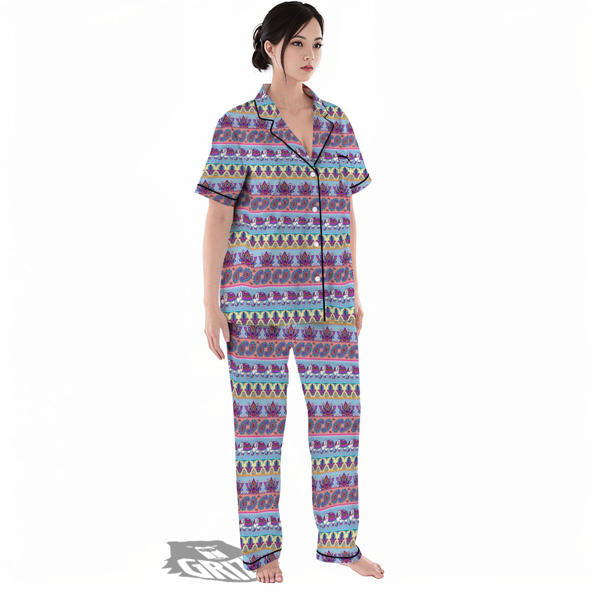 Elephant Indian Colorful Print Pattern Women's Pajamas Set-grizzshop