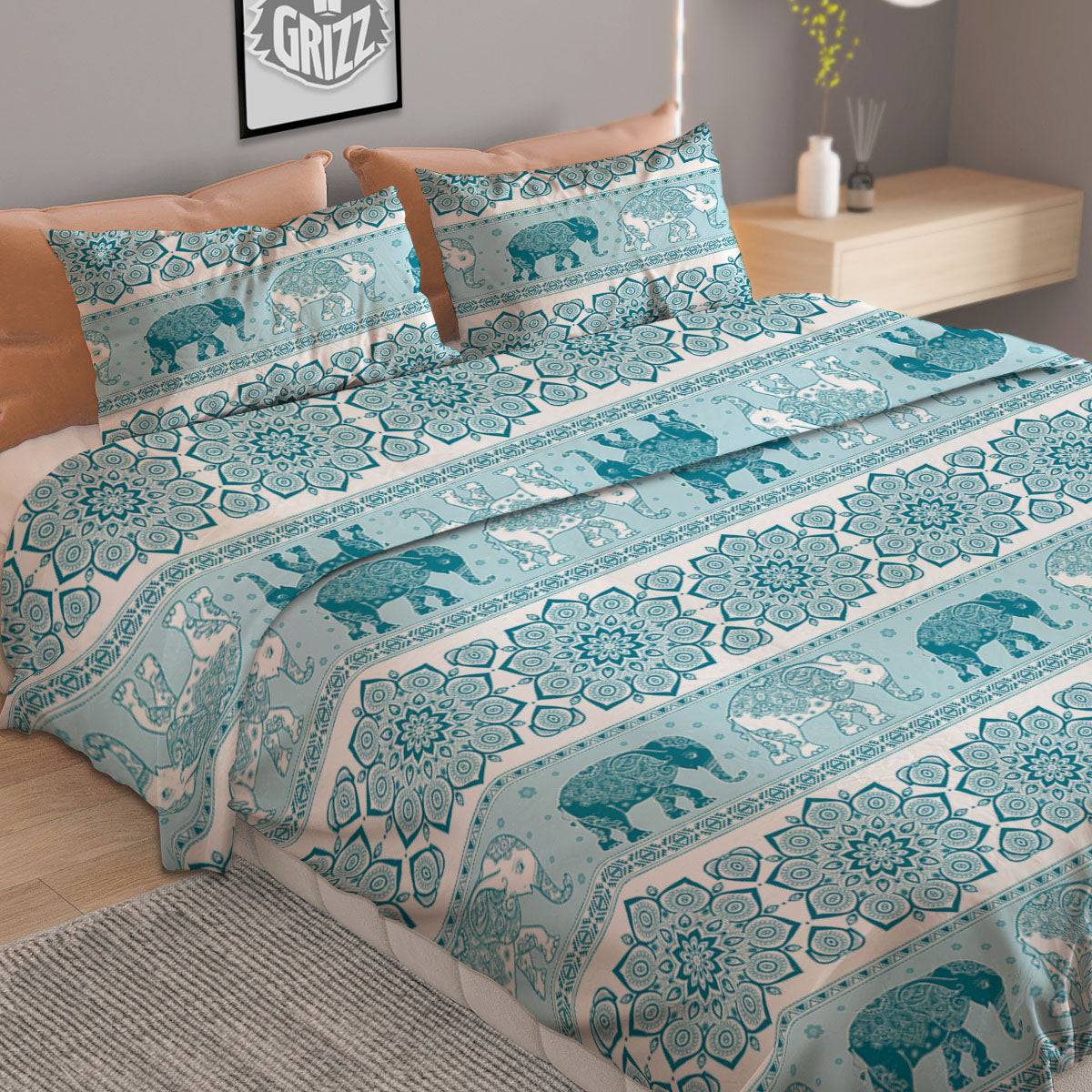 Elephant Indian Floral Print Pattern Duvet Cover Bedding Set