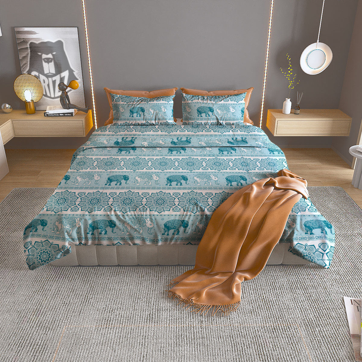 Elephant Indian Floral Print Pattern Duvet Cover Bedding Set