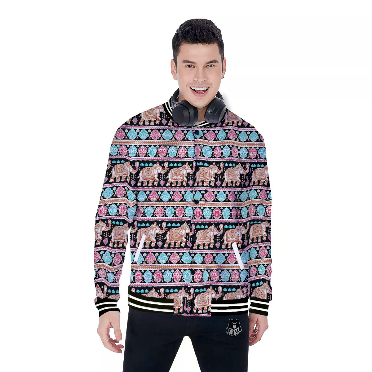 Elephant Indian Tribal Print Pattern Baseball Jacket-grizzshop