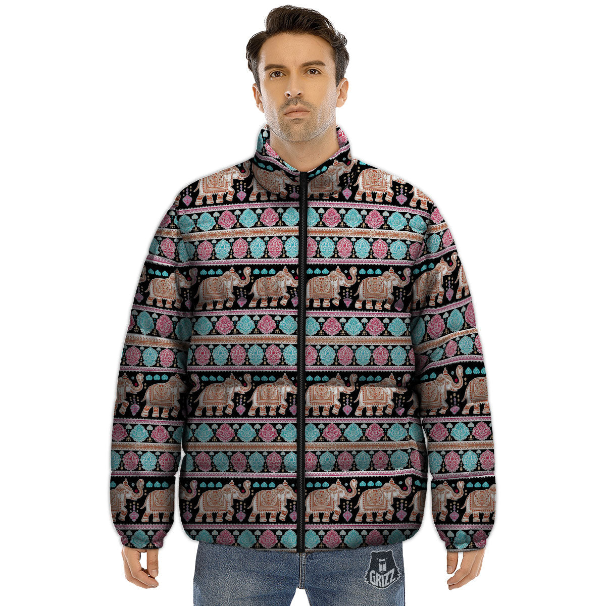 Elephant Indian Tribal Print Pattern Puffer Jacket-grizzshop