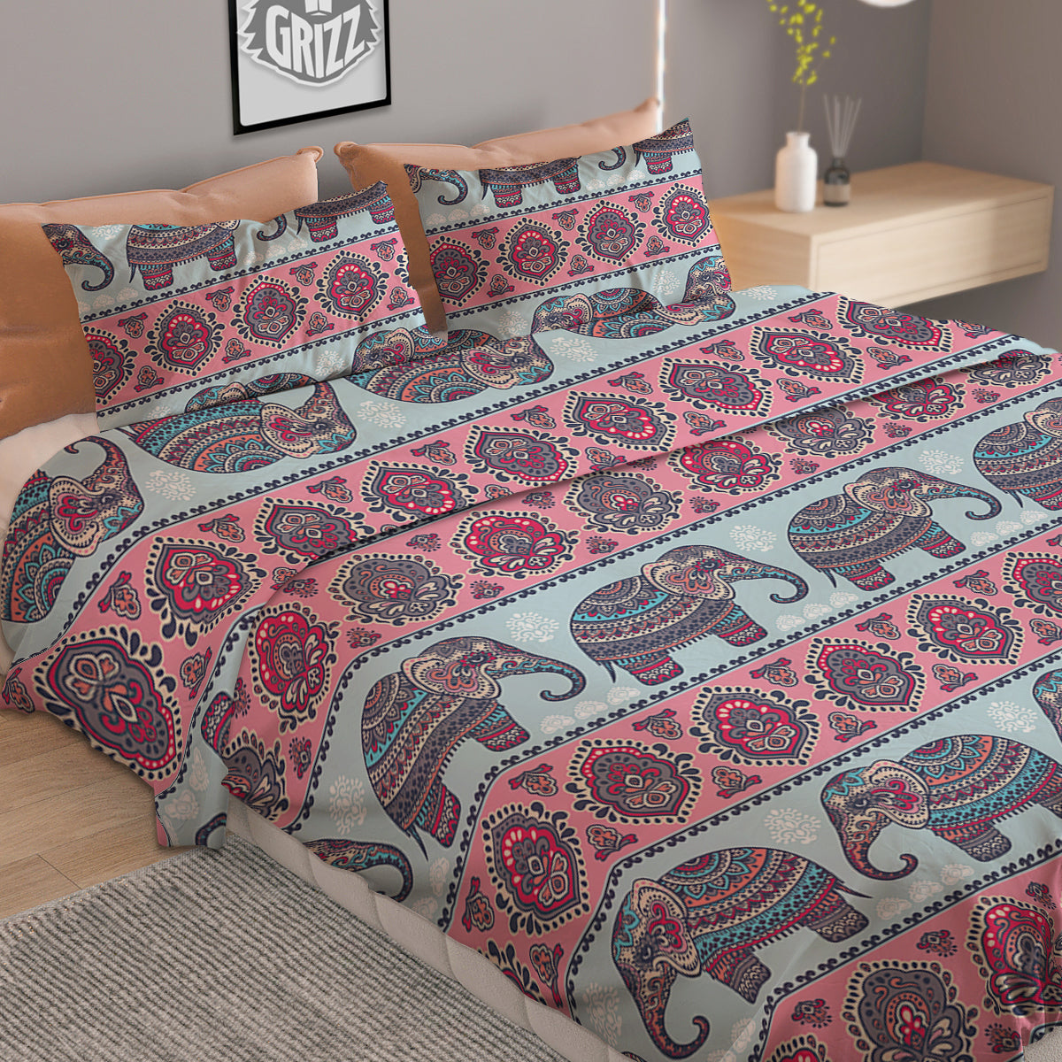 Elephant Indian Vintage Print Pattern Duvet Cover Bedding Set
