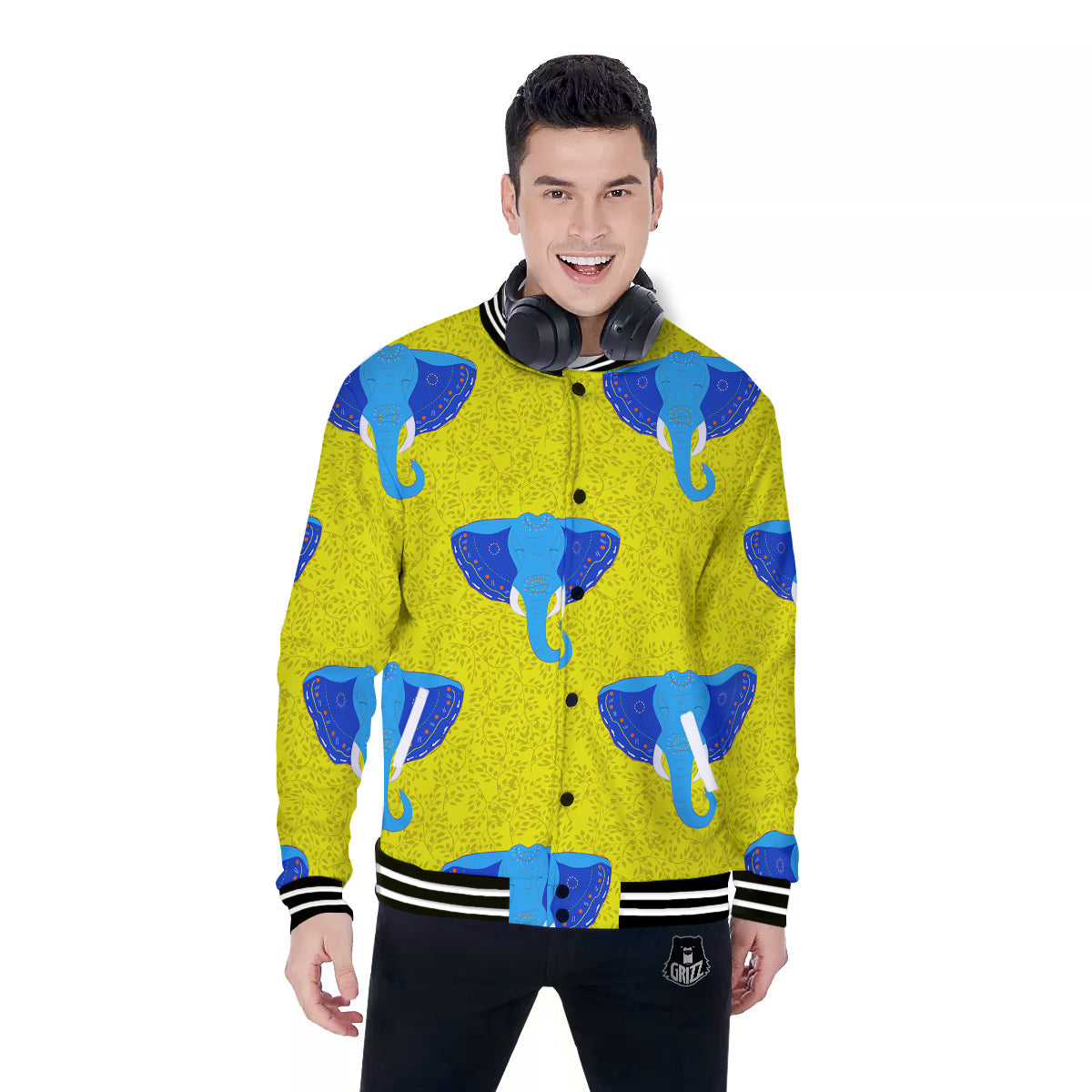 Elephant Mandala Blue Print Pattern Baseball Jacket-grizzshop