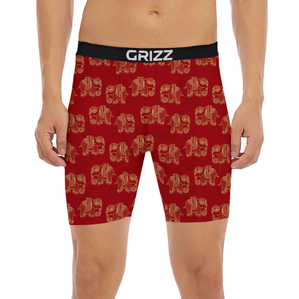 Elephant Red Indian Print Pattern Boxer Briefs-grizzshop