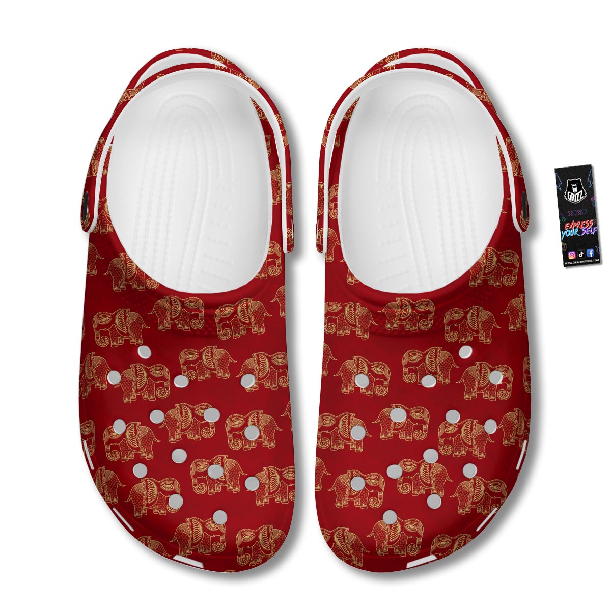 Elephant Red Indian Print Pattern Clog-grizzshop