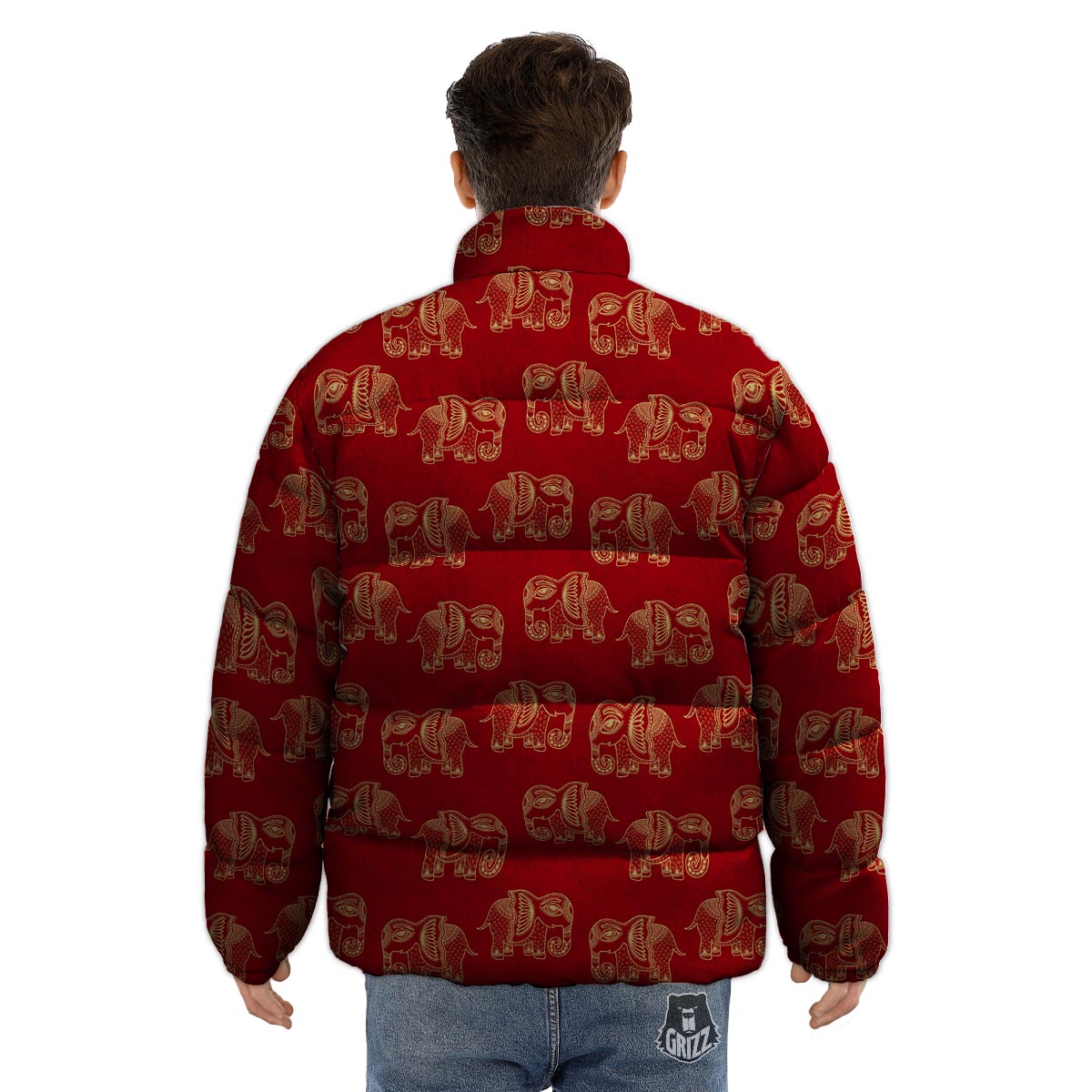 Elephant Red Indian Print Pattern Puffer Jacket-grizzshop