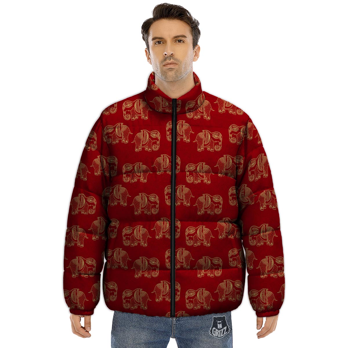 Elephant Red Indian Print Pattern Puffer Jacket-grizzshop
