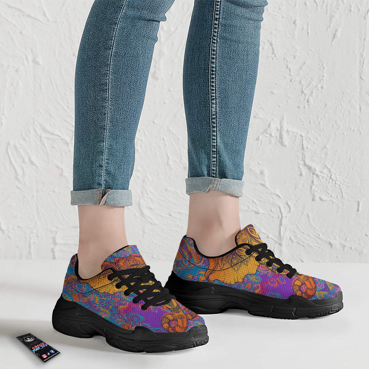Elephant Spiritual Colorful Print Black Chunky Shoes-grizzshop
