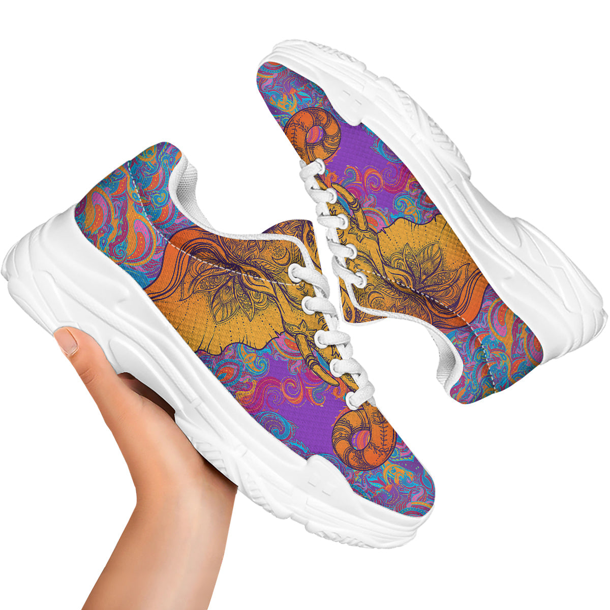 Elephant Spiritual Colorful Print White Chunky Shoes-grizzshop
