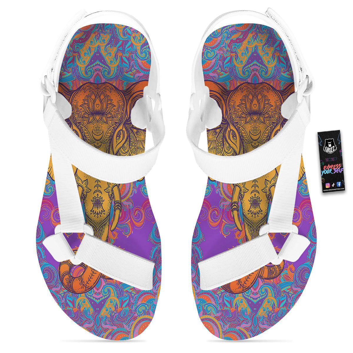Elephant Spiritual Colorful Print White Open Toe Sandals-grizzshop