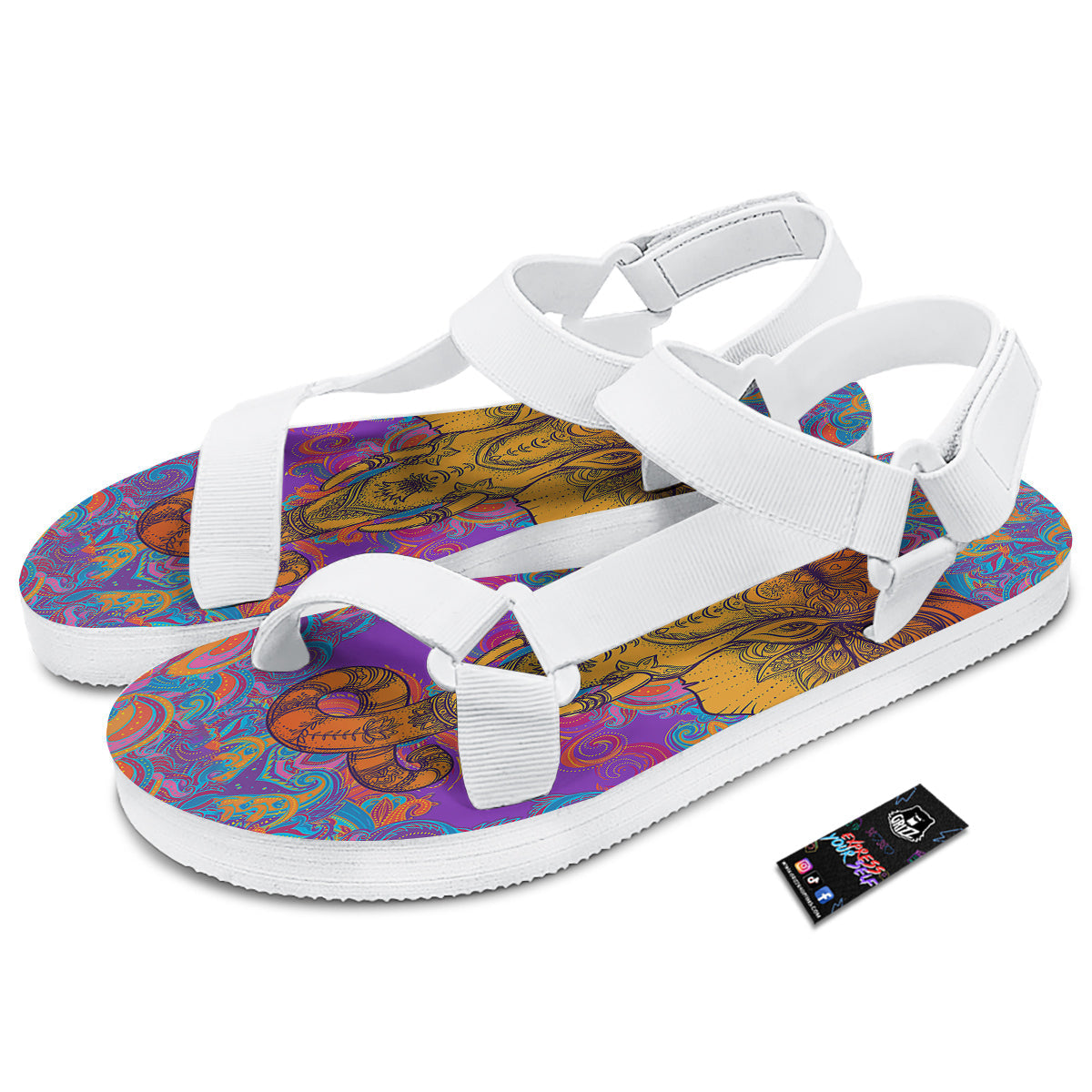 Elephant Spiritual Colorful Print White Open Toe Sandals-grizzshop