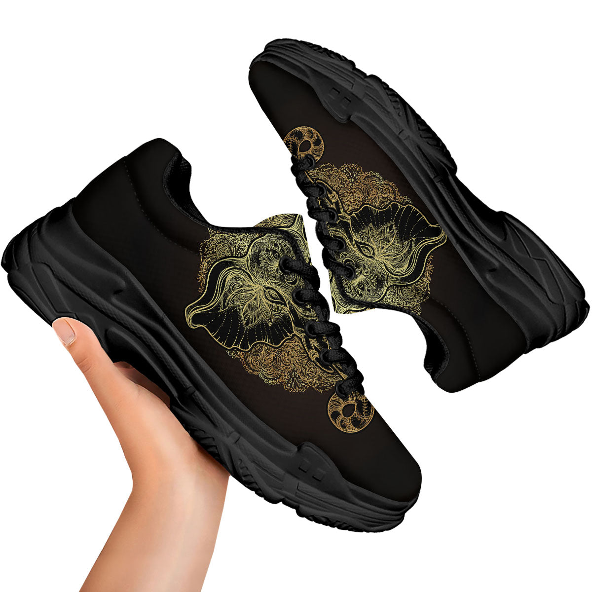 Elephant Spiritual Golden Print Black Chunky Shoes-grizzshop