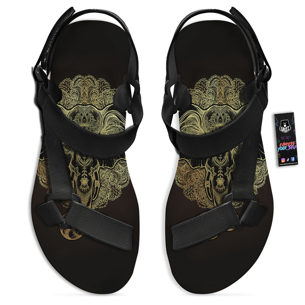 Elephant Spiritual Golden Print Black Open Toe Sandals-grizzshop