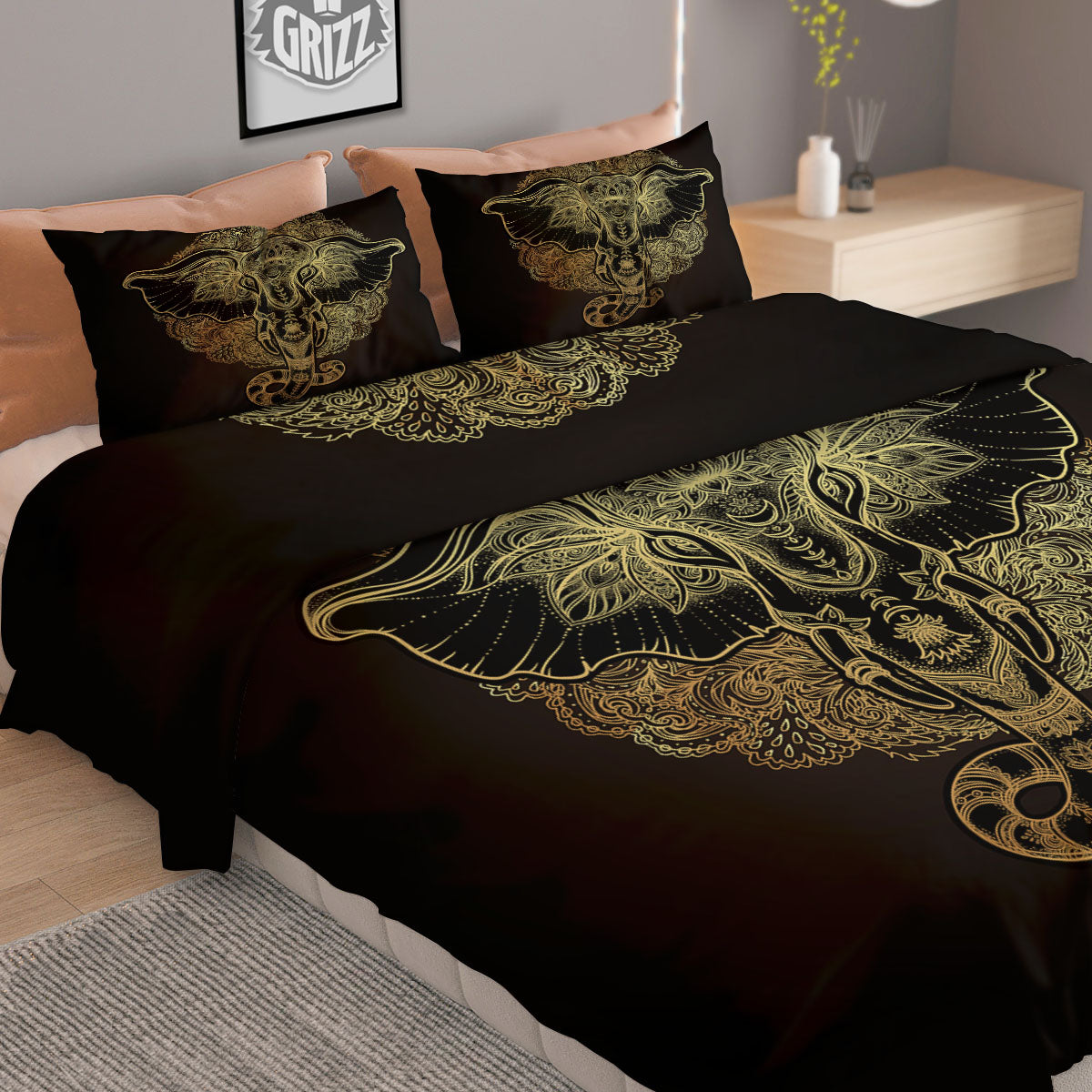 Elephant Spiritual Golden Print Duvet Cover Bedding Set