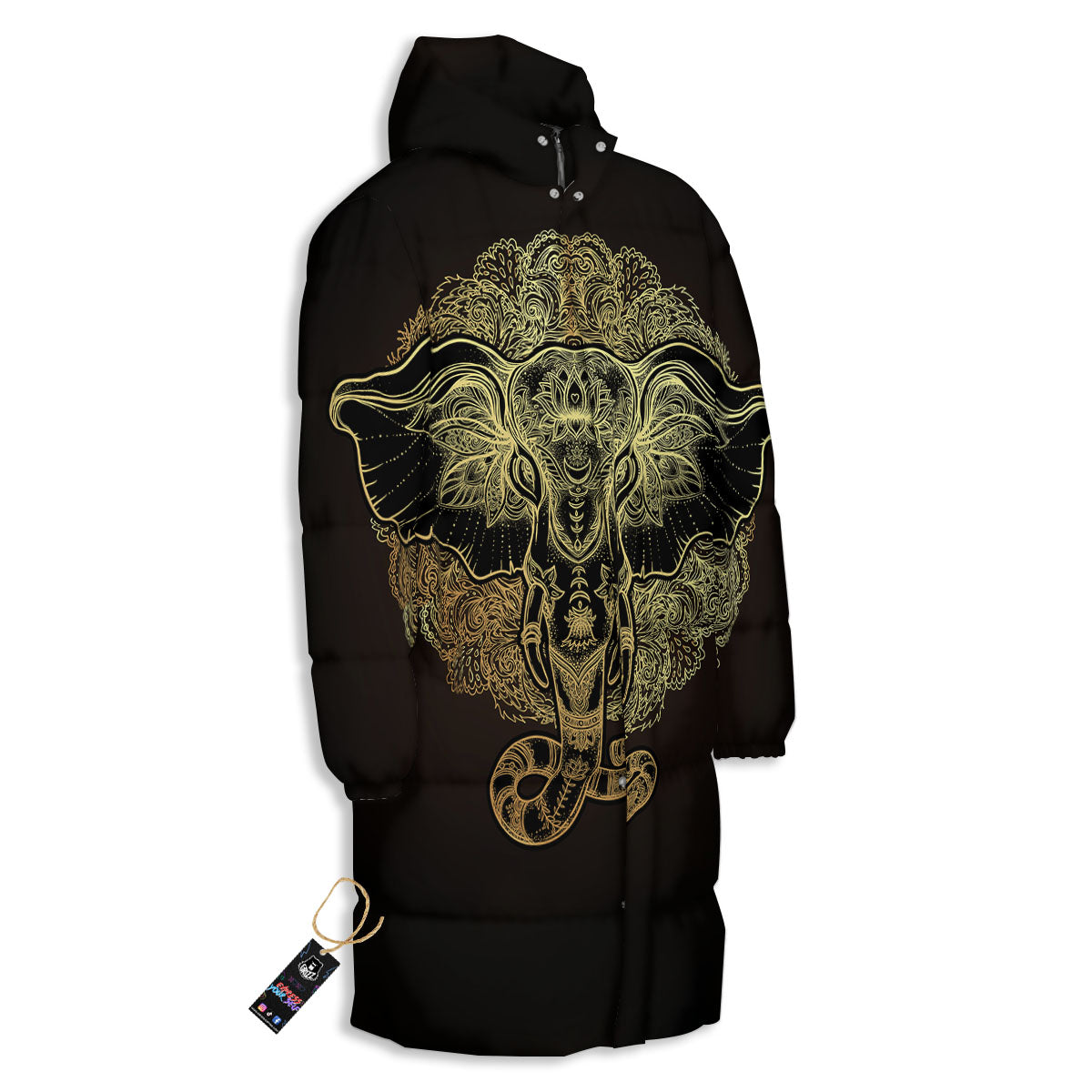 Elephant Spiritual Golden Print Long Down Jacket-grizzshop