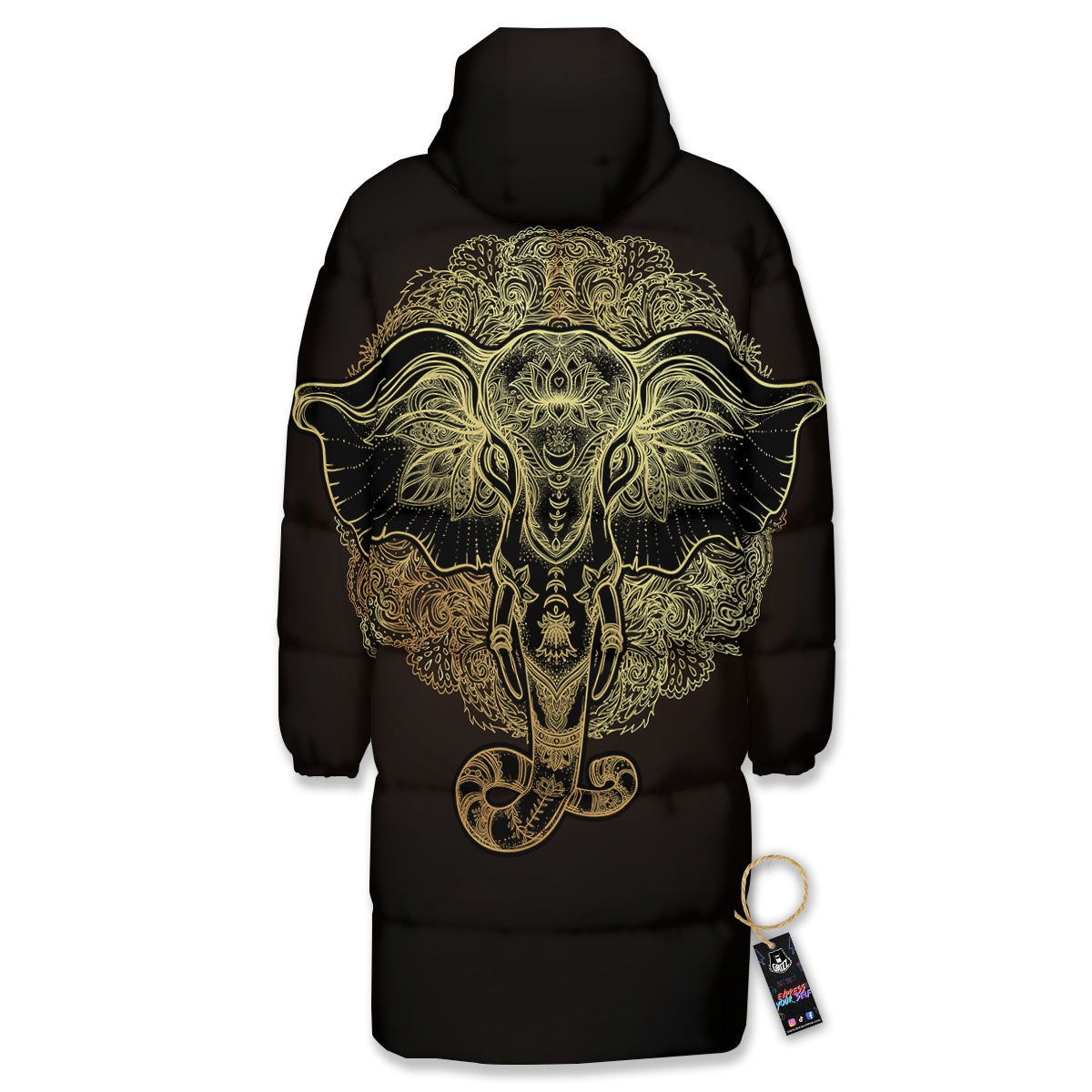 Elephant Spiritual Golden Print Long Down Jacket-grizzshop