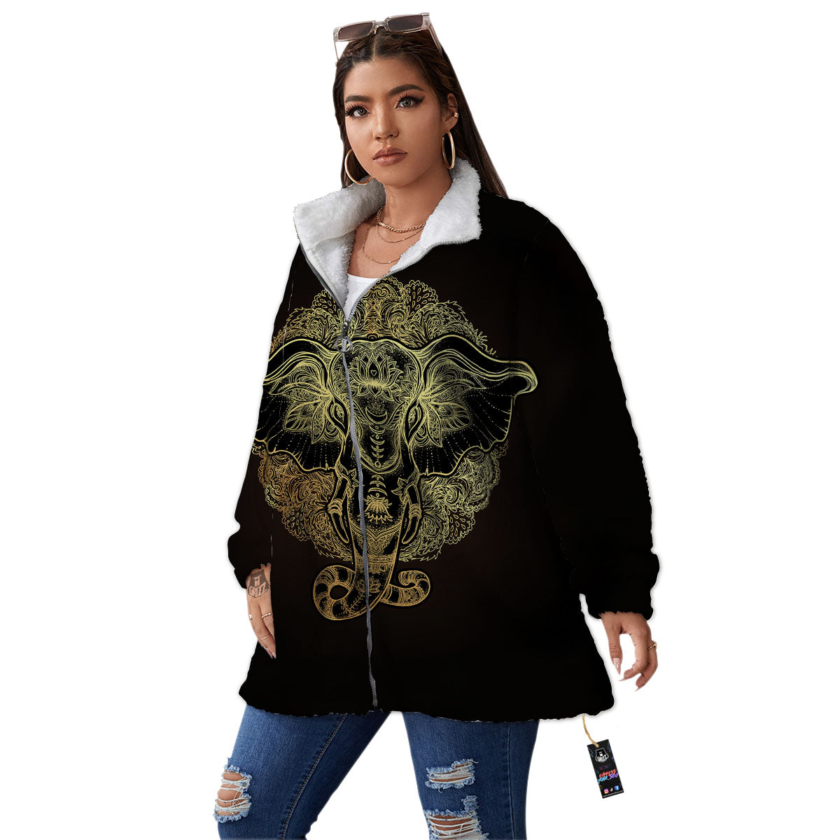 Elephant Spiritual Golden Print Women's Sherpa Jacket-grizzshop