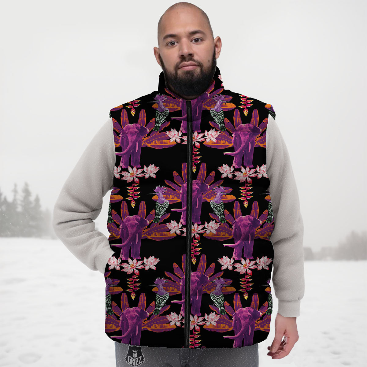 Elephant Tropical Purple Print Pattern Down Vest-grizzshop
