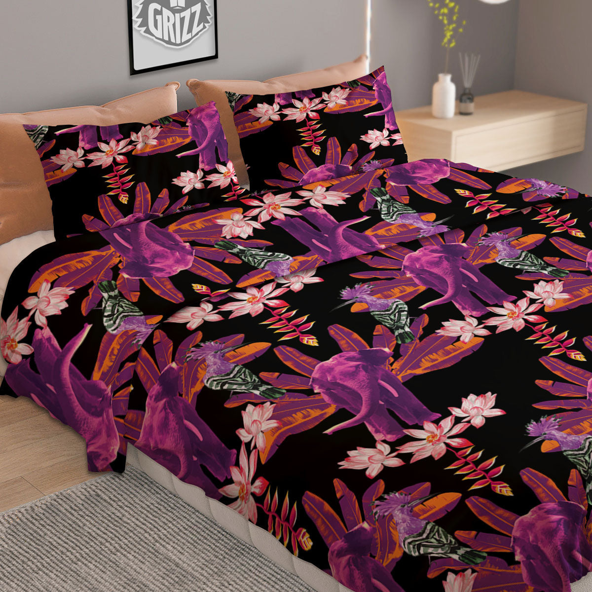 Elephant Tropical Purple Print Pattern Duvet Cover Bedding Set-grizzshop