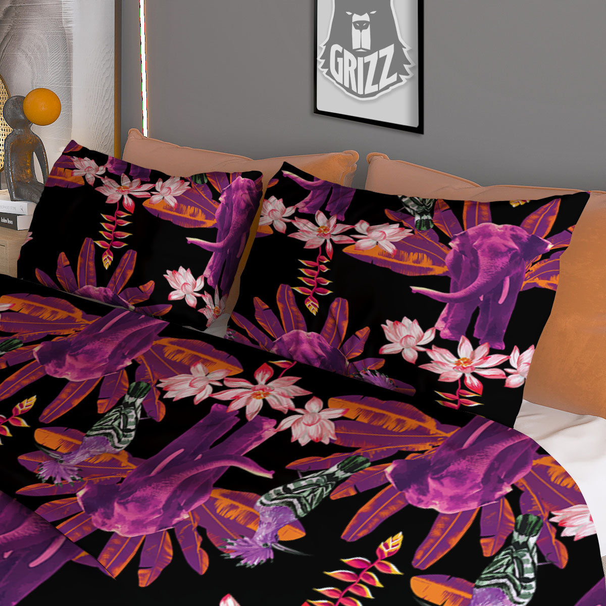 Elephant Tropical Purple Print Pattern Duvet Cover Bedding Set-grizzshop
