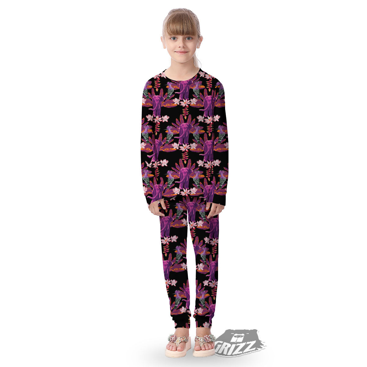 Elephant Tropical Purple Print Pattern Kid's Pajamas-grizzshop