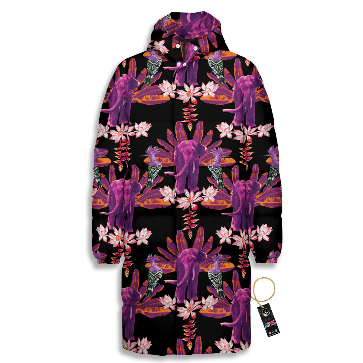 Elephant Tropical Purple Print Pattern Long Down Jacket-grizzshop