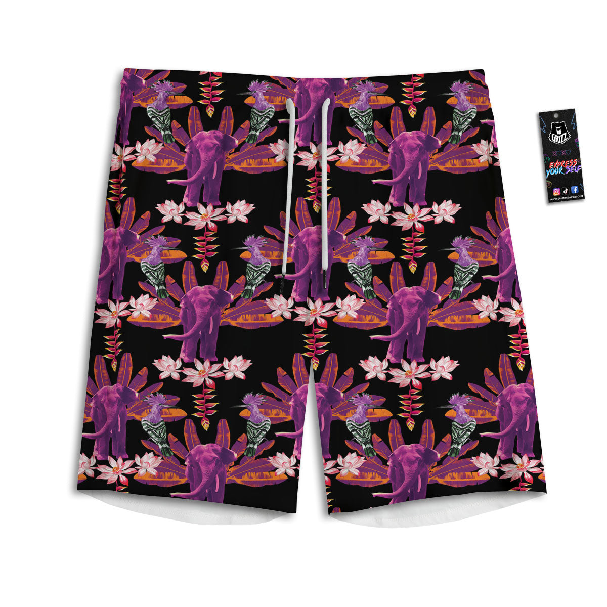 Elephant Tropical Purple Print Pattern Men's Athletic Shorts-grizzshop