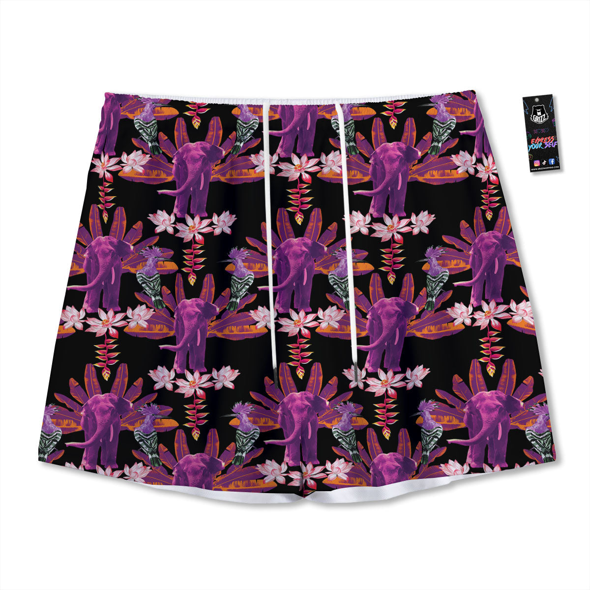 Elephant Tropical Purple Print Pattern Mesh Shorts-grizzshop